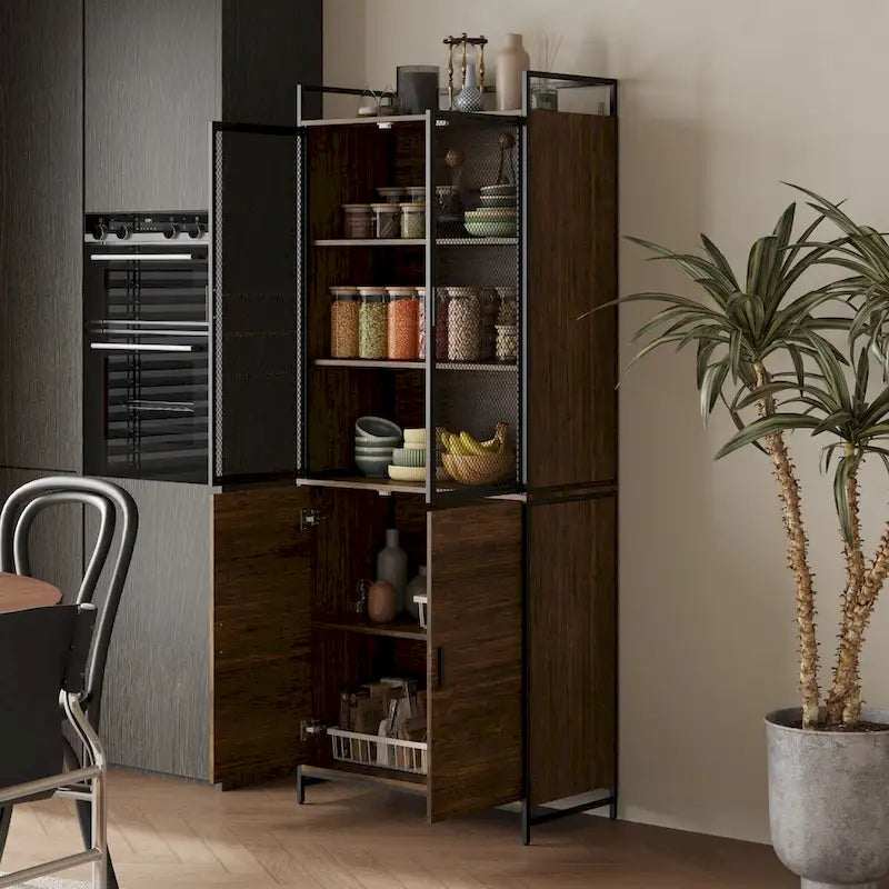 Multifunctional Kitchen Cabinet Collection Metal Frame Shelf Brown Walnut Color