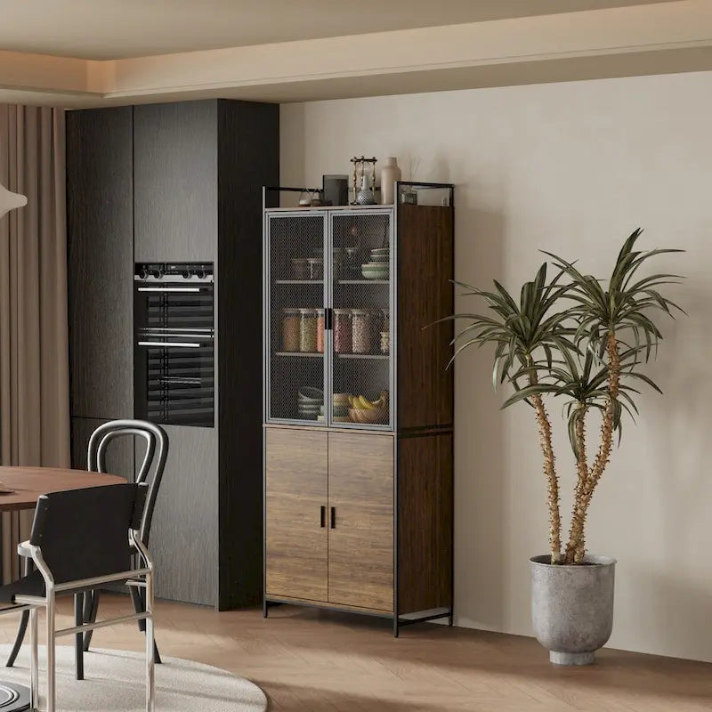 Multifunctional Kitchen Cabinet Collection Metal Frame Shelf Brown Walnut Color