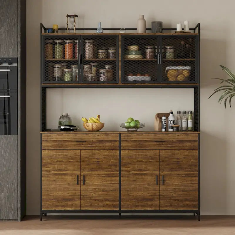 Multifunctional Kitchen Cabinet Collection Metal Frame Shelf Brown Walnut Color