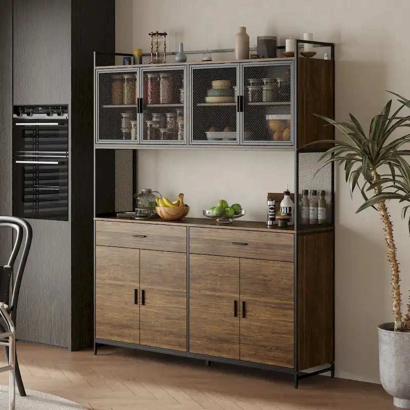 Multifunctional Kitchen Cabinet Collection Metal Frame Shelf Brown Walnut Color