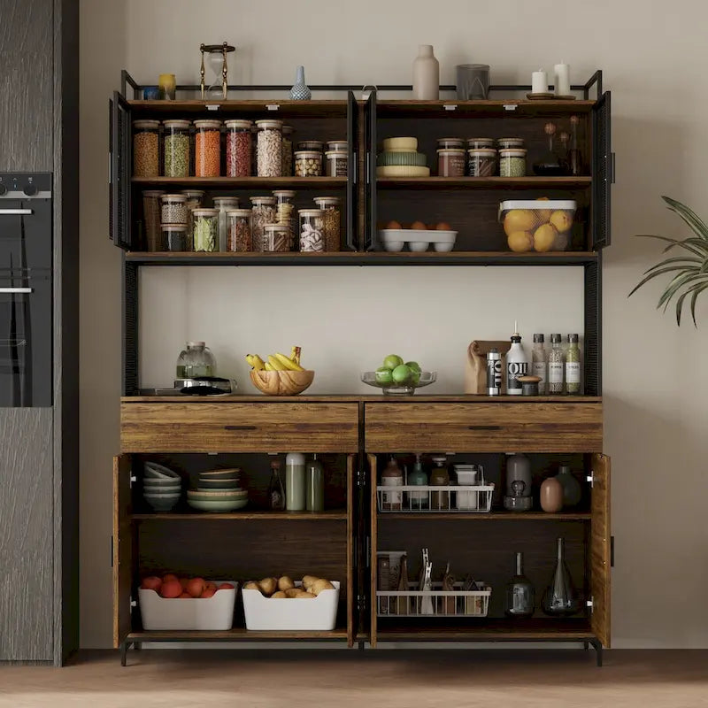 Multifunctional Kitchen Cabinet Collection Metal Frame Shelf Brown Walnut Color