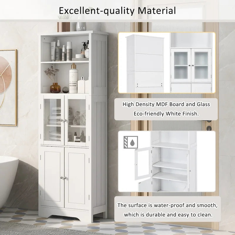 White Tall Storage Cabinet with Shelves and Doors for Bathroom, Kitchen and Living Room, MDF Board