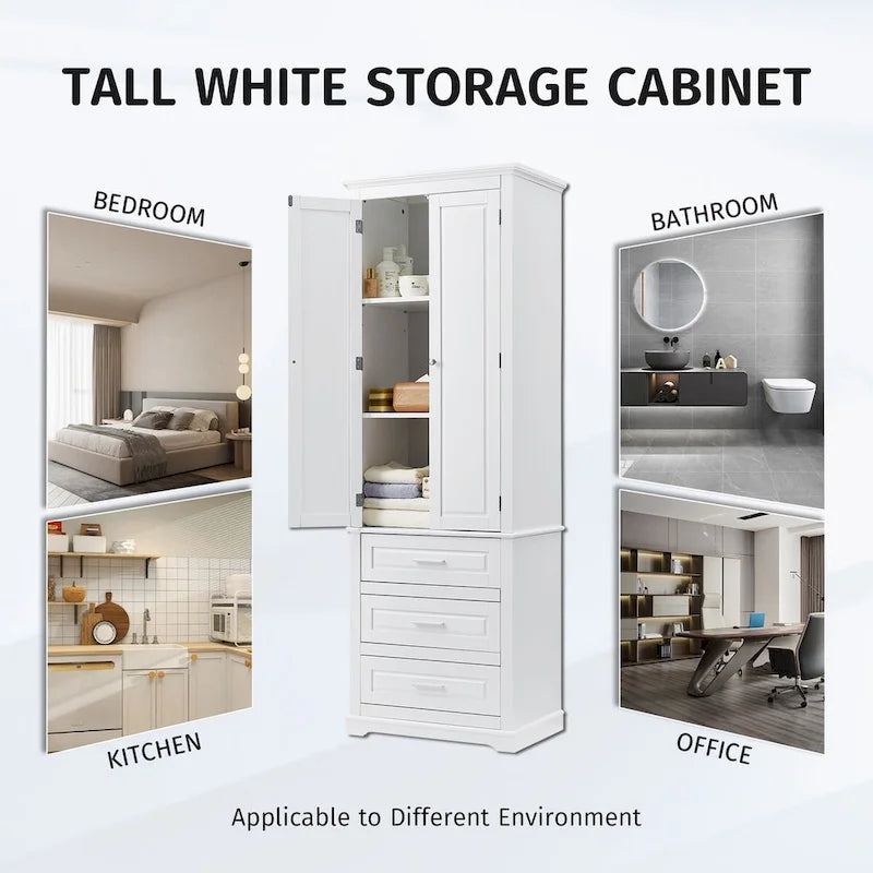Tall Storage Cabinet with Three Drawers for Bathroom,White Tall Cabinet