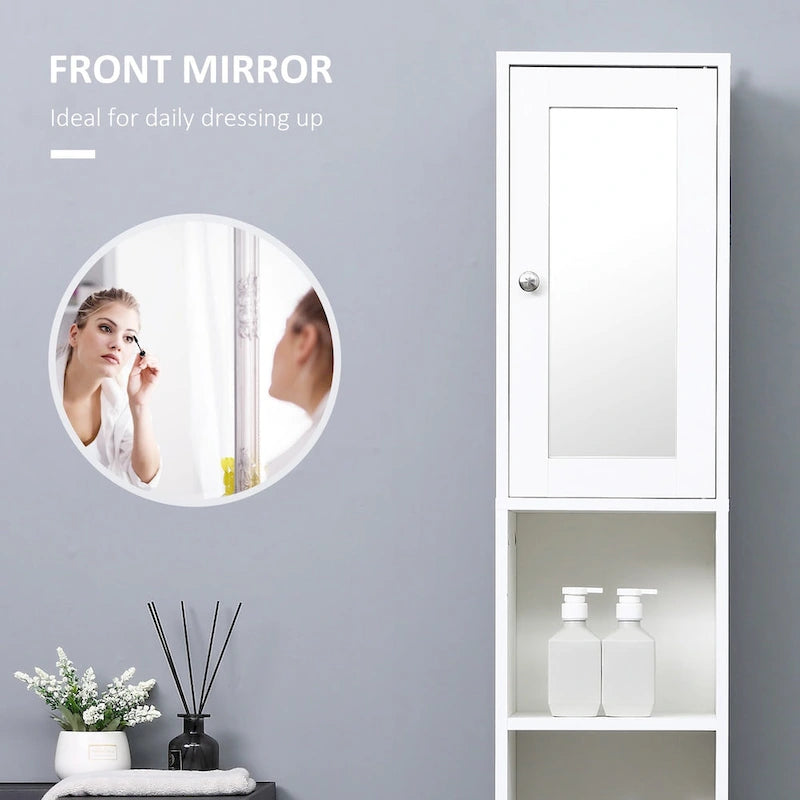 Tall Bathroom Storage Cabinet with Mirror,Wooden Freestanding Tower Cabinet with Adjustable Shelves