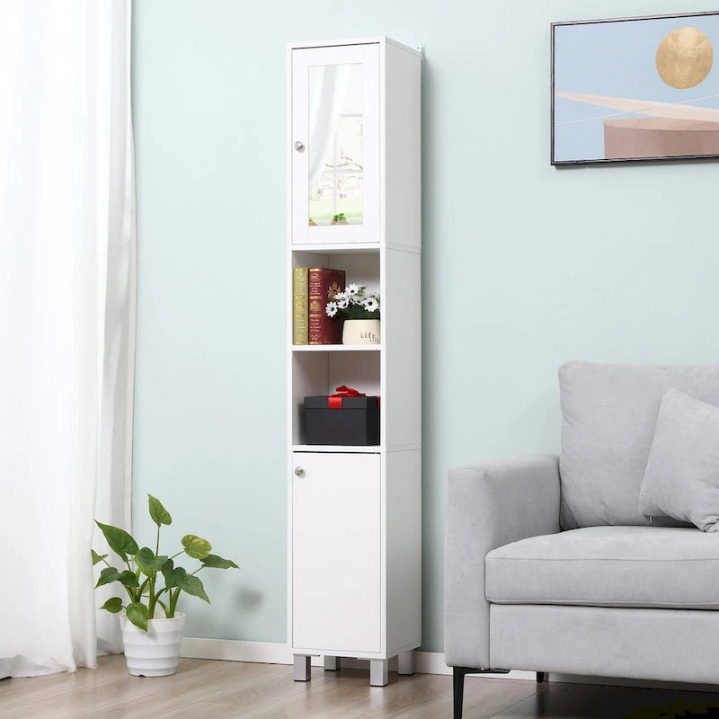 Tall Bathroom Storage Cabinet with Mirror,Wooden Freestanding Tower Cabinet with Adjustable Shelves