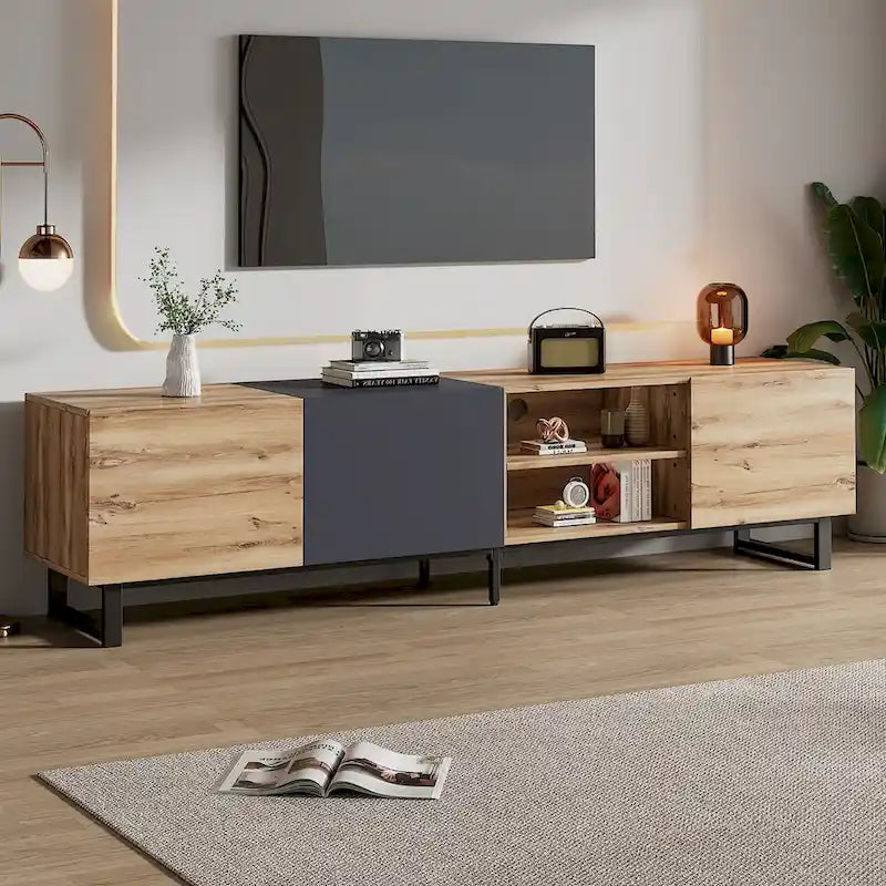 TV with 3 Cabinets& Open Shelves,Color-matching Media Console Table for TVs up to 80,Entertainment Center with Drop Down Door