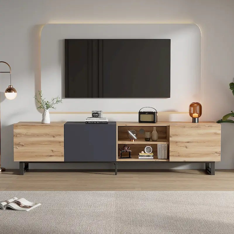 TV with 3 Cabinets& Open Shelves,Color-matching Media Console Table for TVs up to 80,Entertainment Center with Drop Down Door