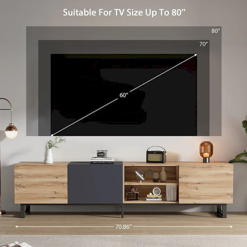 TV with 3 Cabinets& Open Shelves,Color-matching Media Console Table for TVs up to 80,Entertainment Center with Drop Down Door