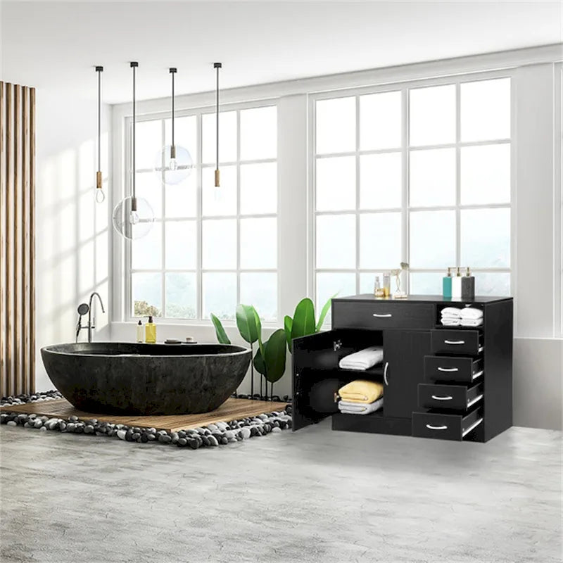 Double Doors and Five Drawers Bathroom Cabinet Black