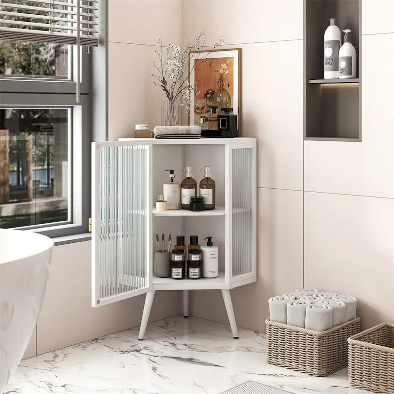 Floor Coner Cabinet with Tempered Glass Door and Storage Shelves