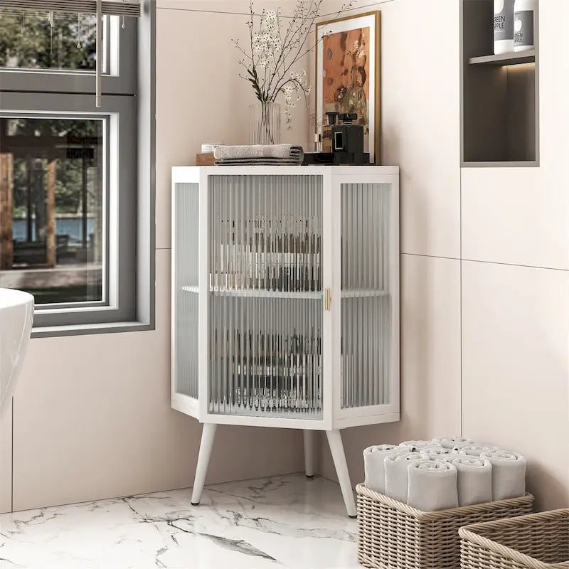Floor Coner Cabinet with Tempered Glass Door and Storage Shelves
