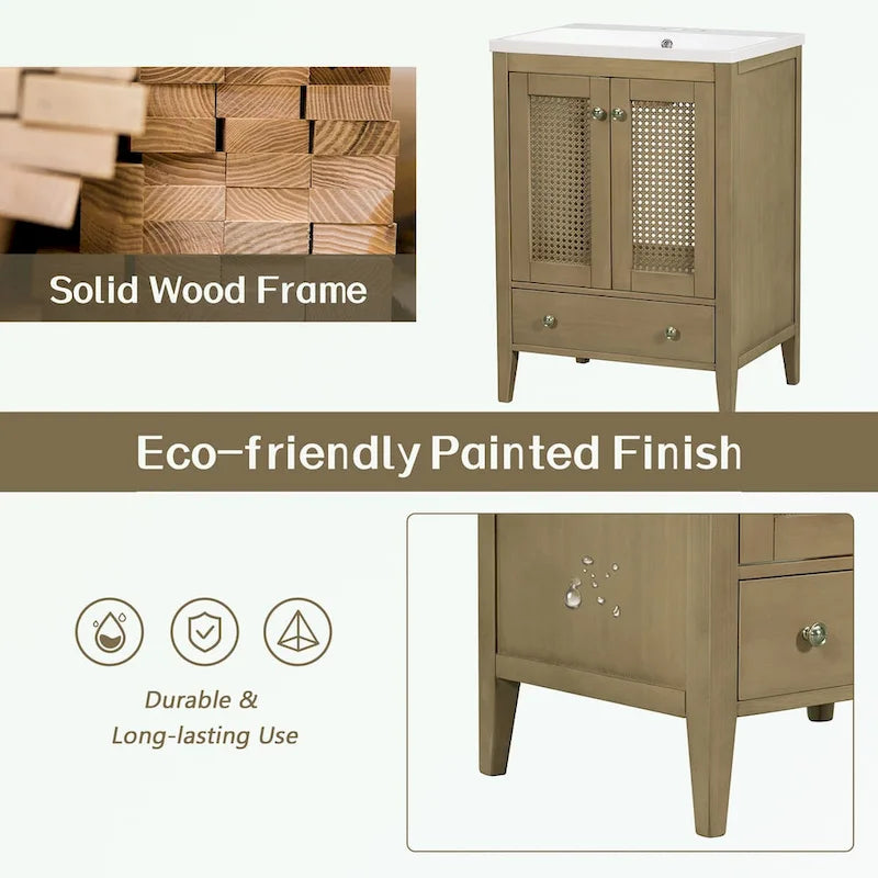 Bathroom Vanity with Ceramic Basin, Two Rattan Doors