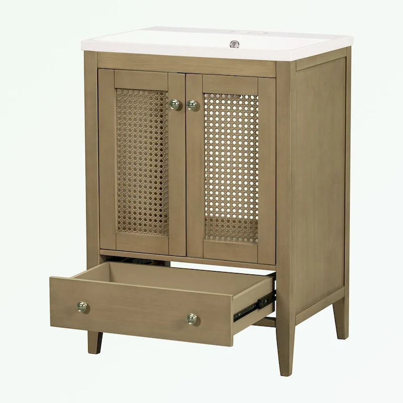 Bathroom Vanity with Ceramic Basin, Two Rattan Doors
