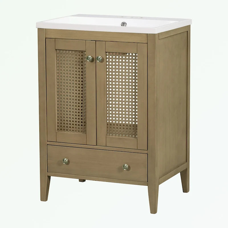 Bathroom Vanity with Ceramic Basin, Two Rattan Doors