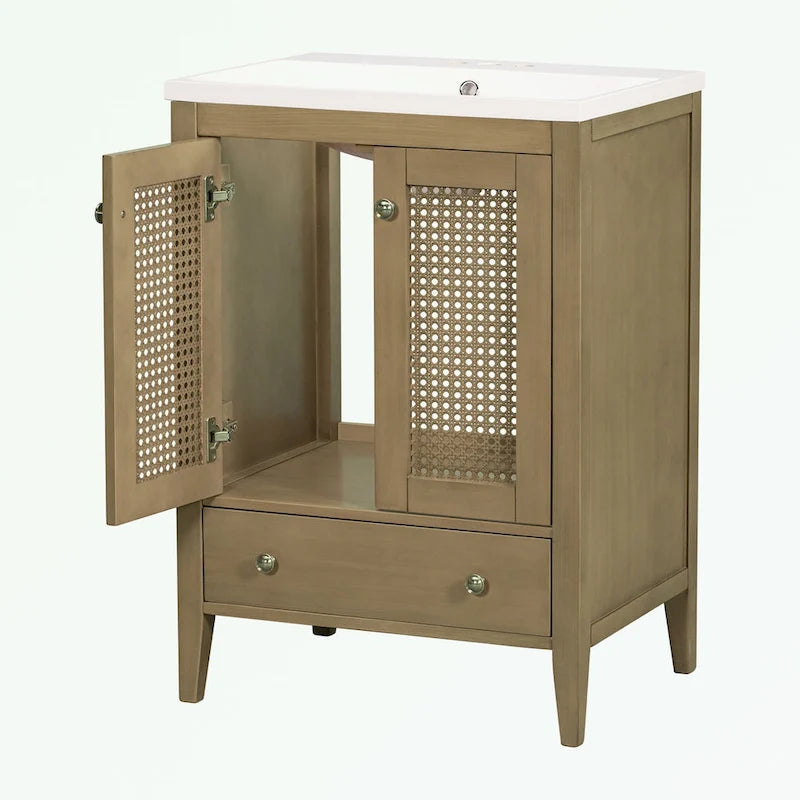 Bathroom Vanity with Ceramic Basin, Two Rattan Doors