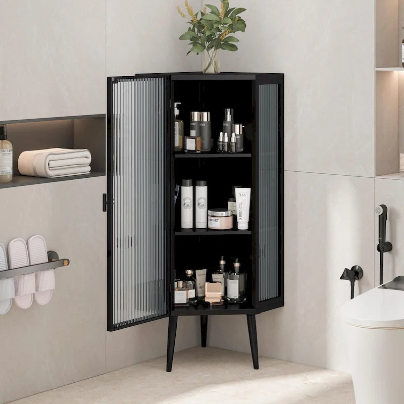 22.25 Floor Coner Cabinet,Three Tiers with Tempered Glass Doors and Storage Shelves for Bathroom, Living Room and Bedroom