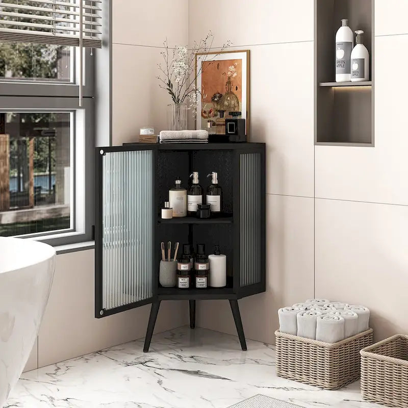 22.25Floor Coner Cabinet with Tempered Glass Door & Storage Shelves for Bathroom, Living Room, Bedroom (White)