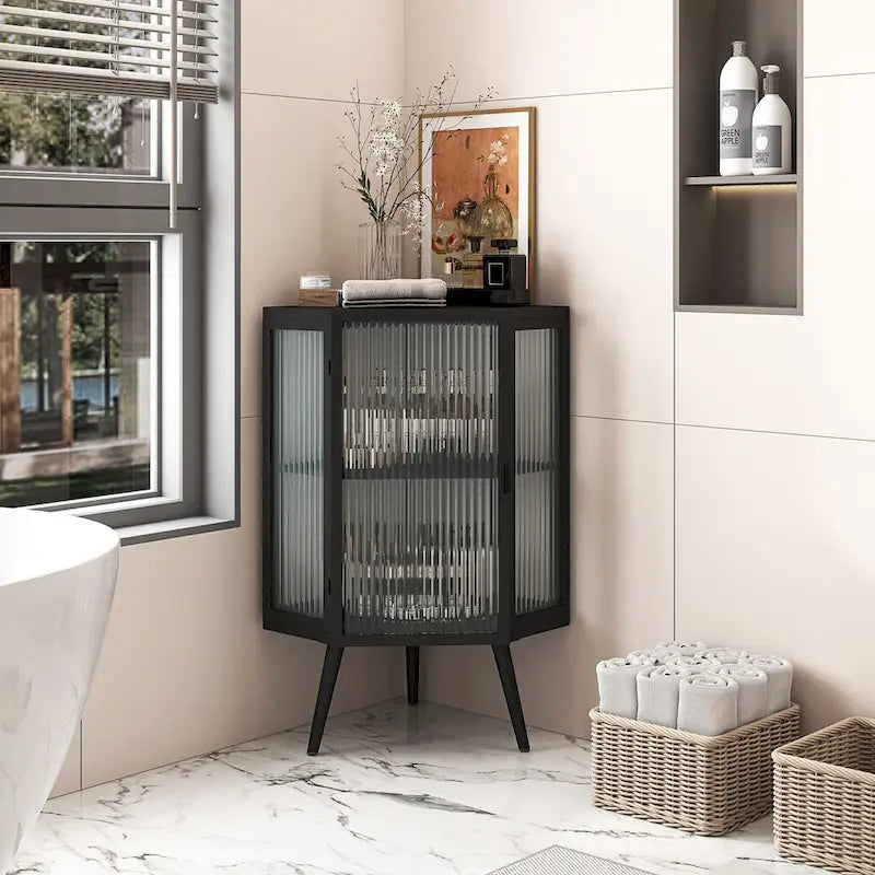 22.25Floor Coner Cabinet with Tempered Glass Door & Storage Shelves for Bathroom, Living Room, Bedroom (White)