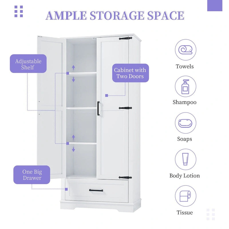 Tall Bathroom Storage Cabinet Cabinet with Two Doors and One Drawer Adjustable Shelf MDF Board White