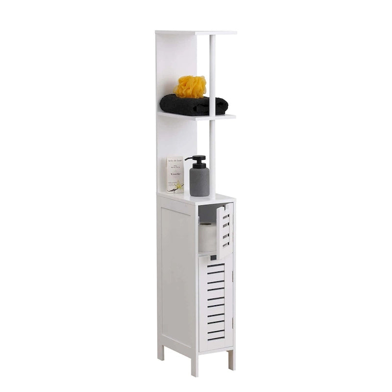 Miami White Slim Bathroom Storage Cabinet Open Shelves Two Doors - 51.4H x 7.2L 12W