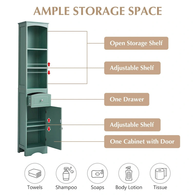 Tall Bathroom Cabinet, Freestanding Storage Cabinet with Drawer, MDF Board, Adjustable Shelf