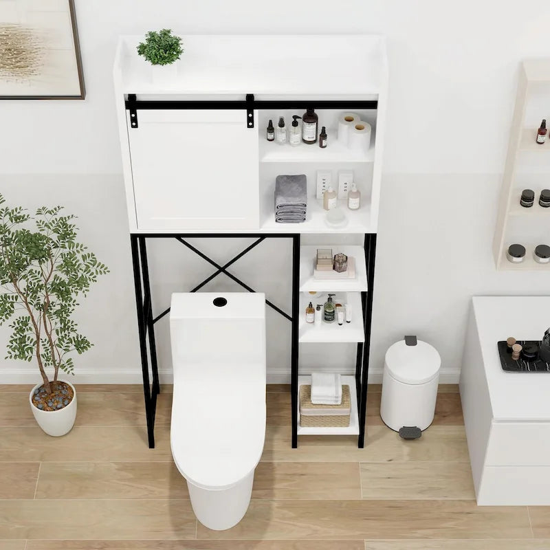 Over-The-Toilet Storage Cabinet with Sliding Barn Door and Adjustable Shelves