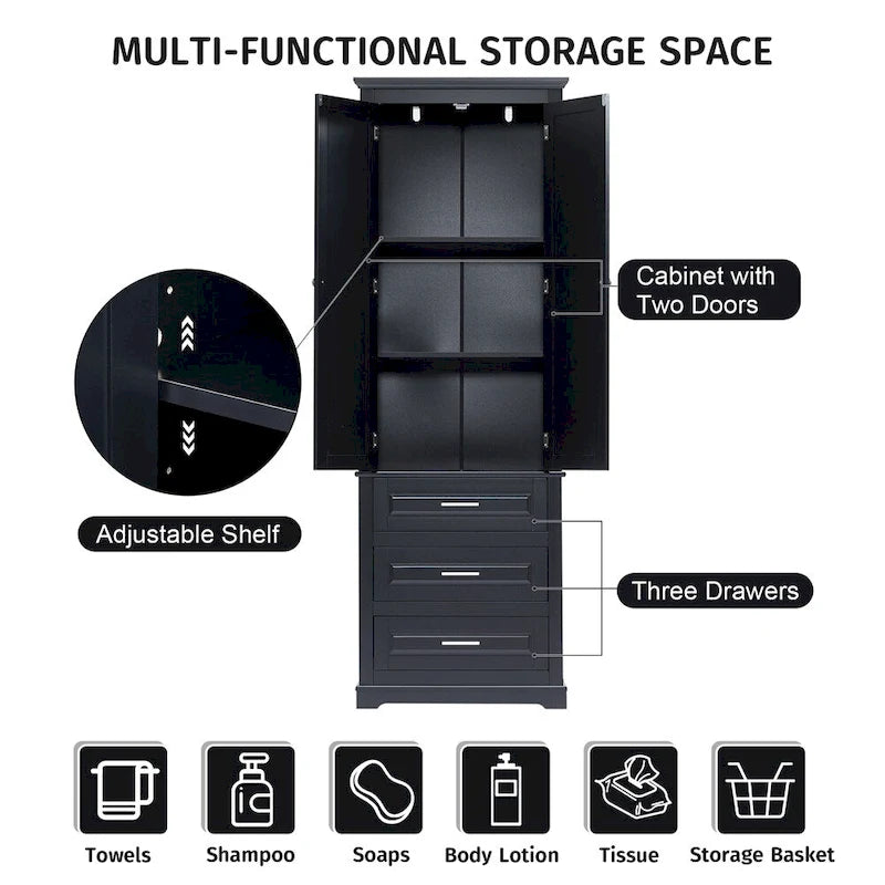 Tall Storage Cabinet with Three Drawers for Bathroom