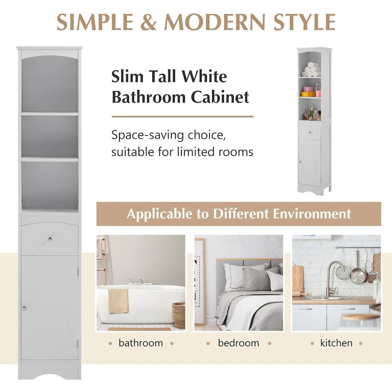 67 Tall Bathroom Storage Cabinet, Modern Narrow Display Cupboard Stand with Drawer and Adjustable Shelf