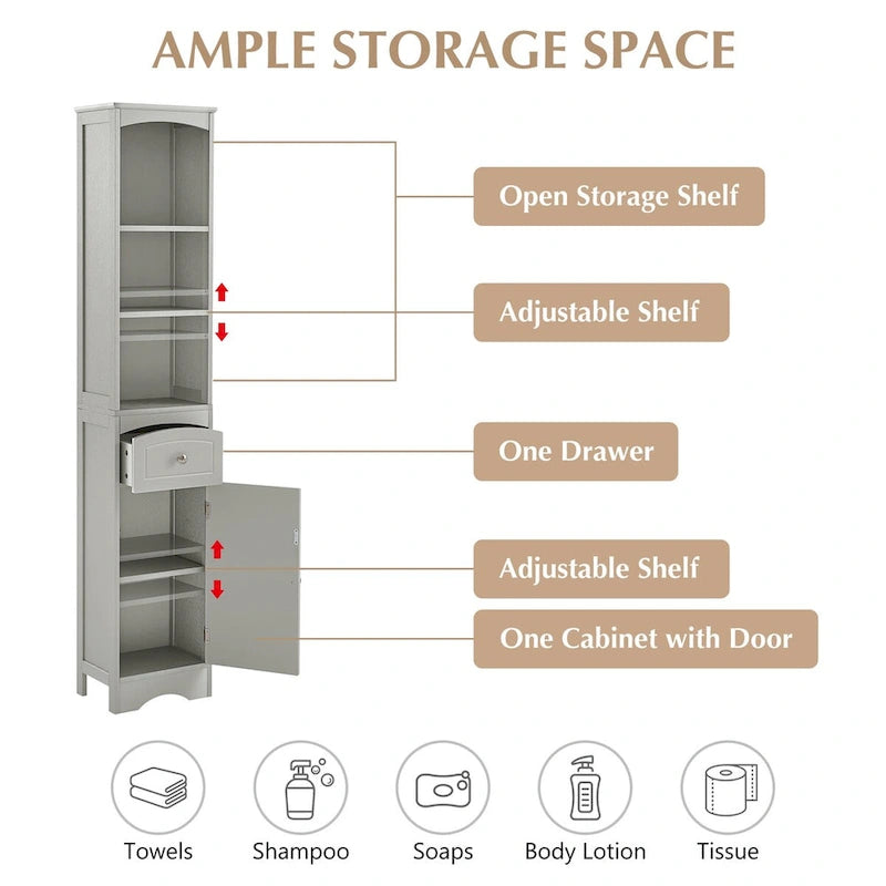 67 Tall Bathroom Storage Cabinet, Modern Narrow Display Cupboard Stand with Drawer and Adjustable Shelf