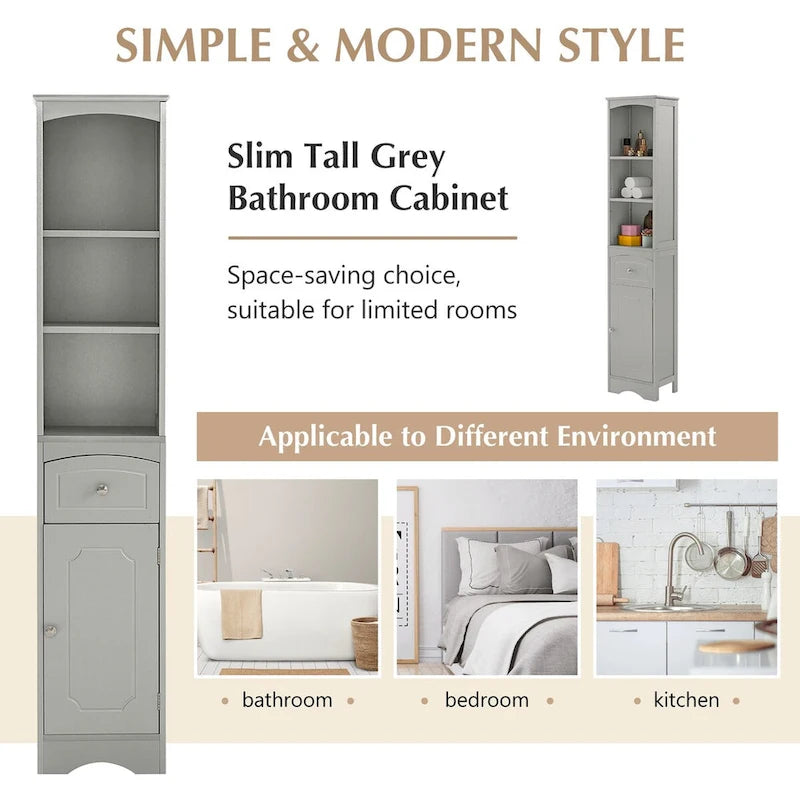 67 Tall Bathroom Storage Cabinet, Modern Narrow Display Cupboard Stand with Drawer and Adjustable Shelf