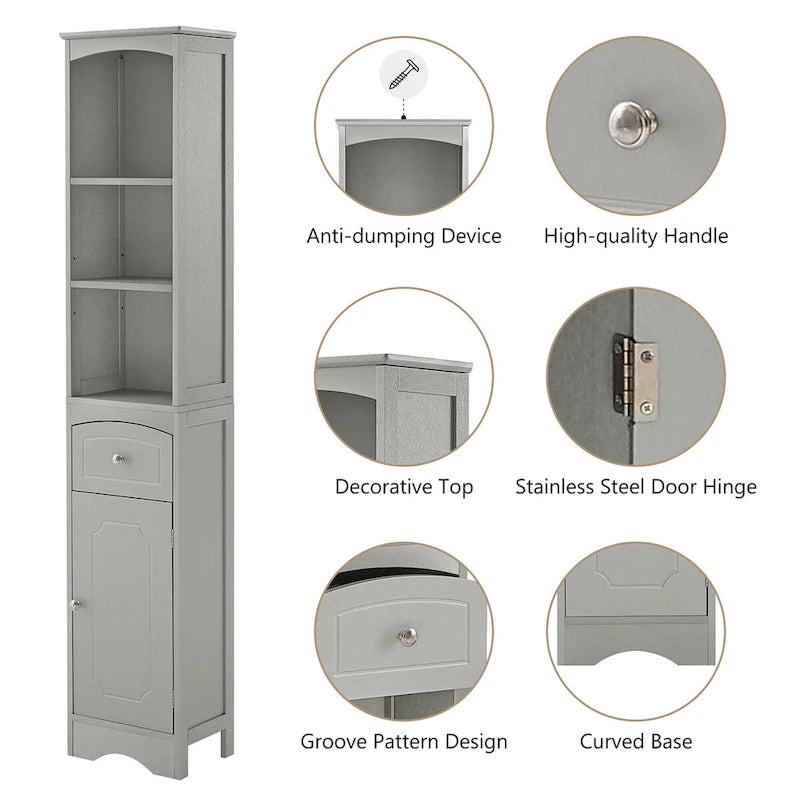67 Tall Bathroom Storage Cabinet, Modern Narrow Display Cupboard Stand with Drawer and Adjustable Shelf