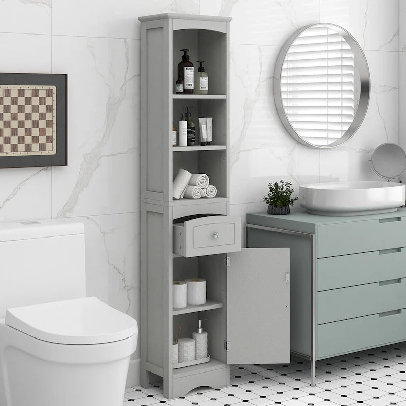 67 Tall Bathroom Storage Cabinet, Modern Narrow Display Cupboard Stand with Drawer and Adjustable Shelf