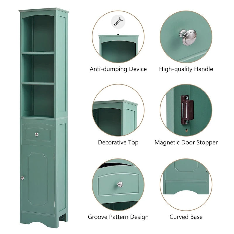 67 Tall Bathroom Storage Cabinet, Modern Narrow Display Cupboard Stand with Drawer and Adjustable Shelf