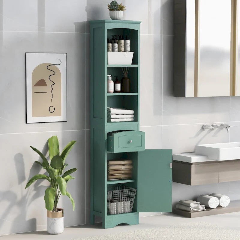 67 Tall Bathroom Storage Cabinet, Modern Narrow Display Cupboard Stand with Drawer and Adjustable Shelf