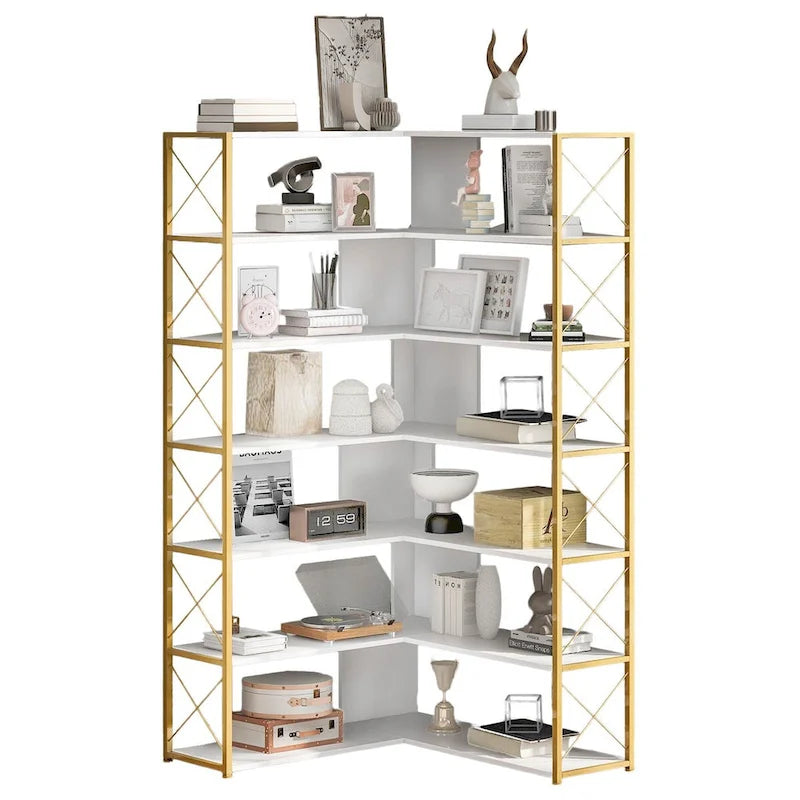 7-Tier Bookcase Home Office Bookshelf, L-Shaped Corner Bookcase with Metal Frame, MDF Board - 37.4*37.4*709
