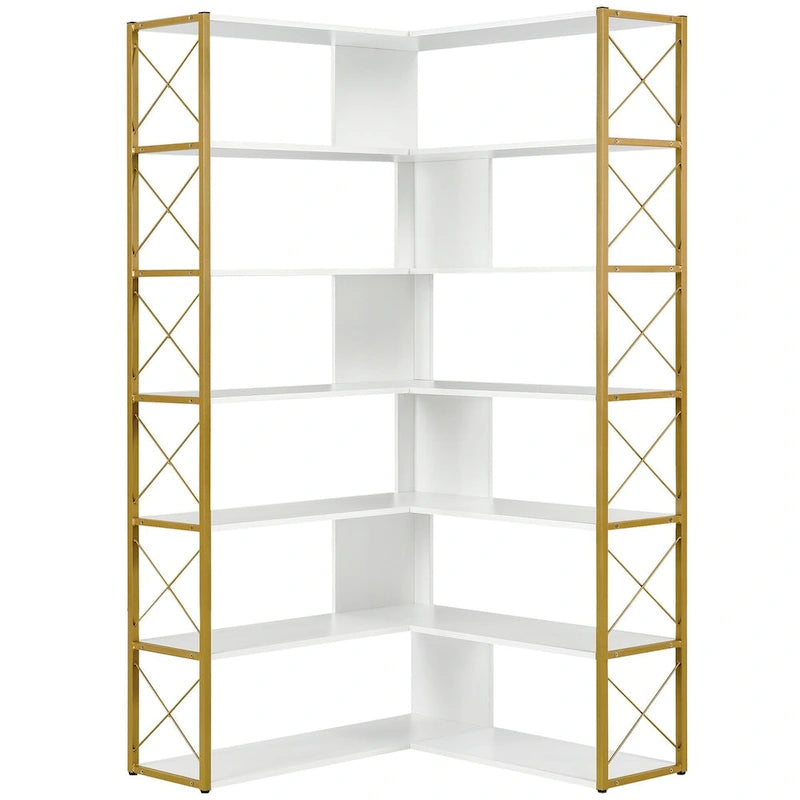 7-Tier Bookcase Home Office Bookshelf, L-Shaped Corner Bookcase with Metal Frame, MDF Board - 37.4*37.4*709