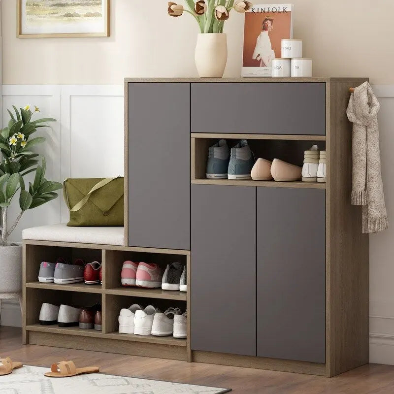 2-in-1 Multi-functional Shoe Rack with Adjustable Shelves,Shoe Storage Bench with Padded Seat