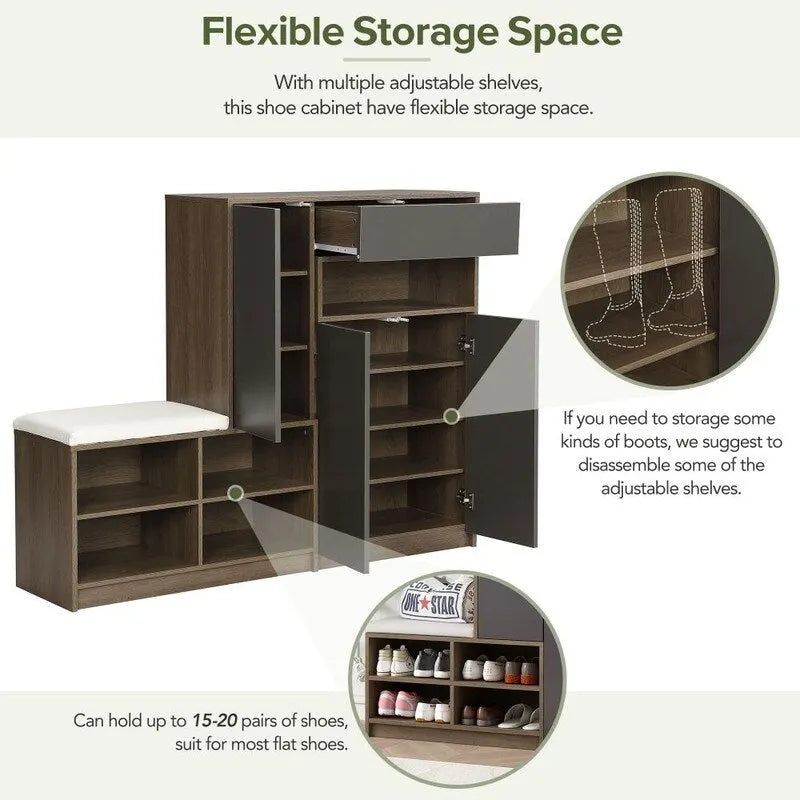 2-in-1 Multi-functional Shoe Rack with Adjustable Shelves,Shoe Storage Bench with Padded Seat