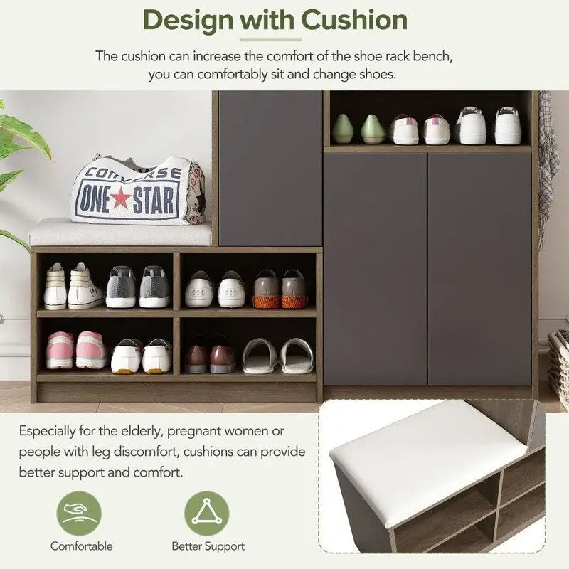 2-in-1 Multi-functional Shoe Rack with Adjustable Shelves,Shoe Storage Bench with Padded Seat