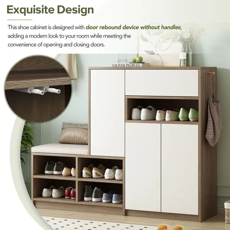 2-in-1 Multi-functional Shoe Rack with Adjustable Shelves,Shoe Storage Bench with Padded Seat