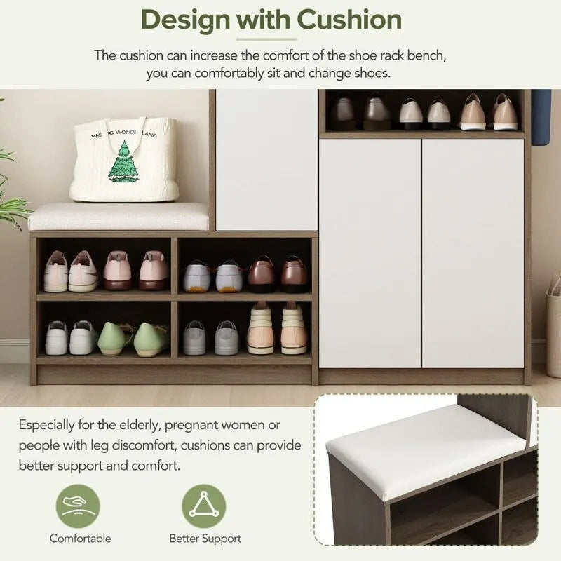 2-in-1 Multi-functional Shoe Rack with Adjustable Shelves,Shoe Storage Bench with Padded Seat