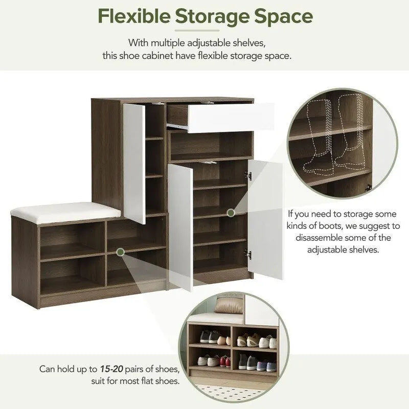 2-in-1 Multi-functional Shoe Rack with Adjustable Shelves,Shoe Storage Bench with Padded Seat