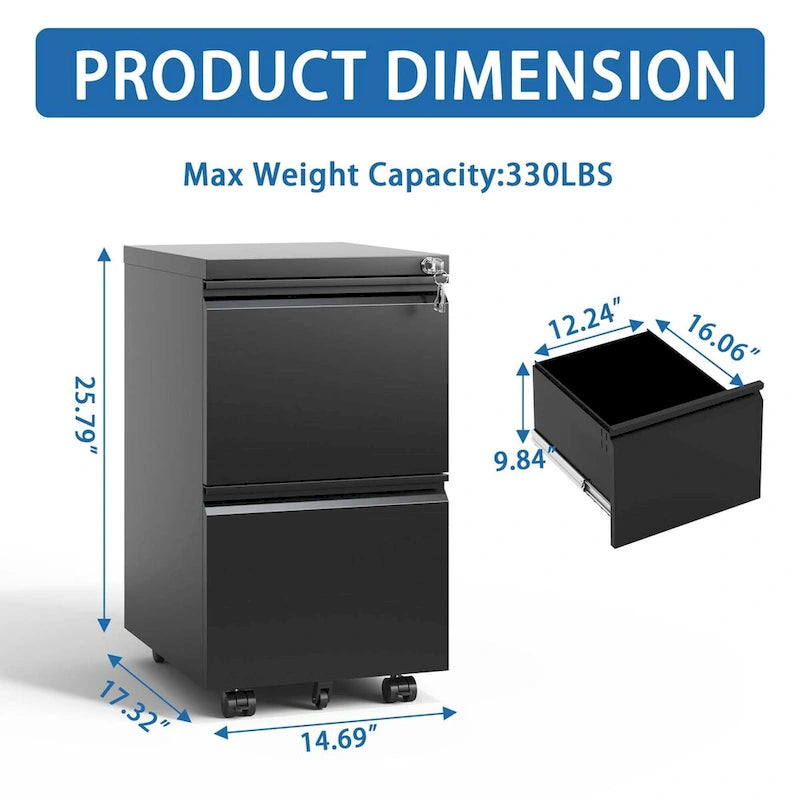 2 Drawer Metal Mobile File Cabinet,Rolling File Cabinet with Lock for Hanging Legal/Letter/A4 Size