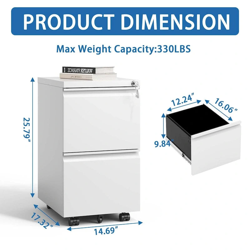2 Drawer Metal Mobile File Cabinet,Rolling File Cabinet with Lock for Hanging Legal/Letter/A4 Size