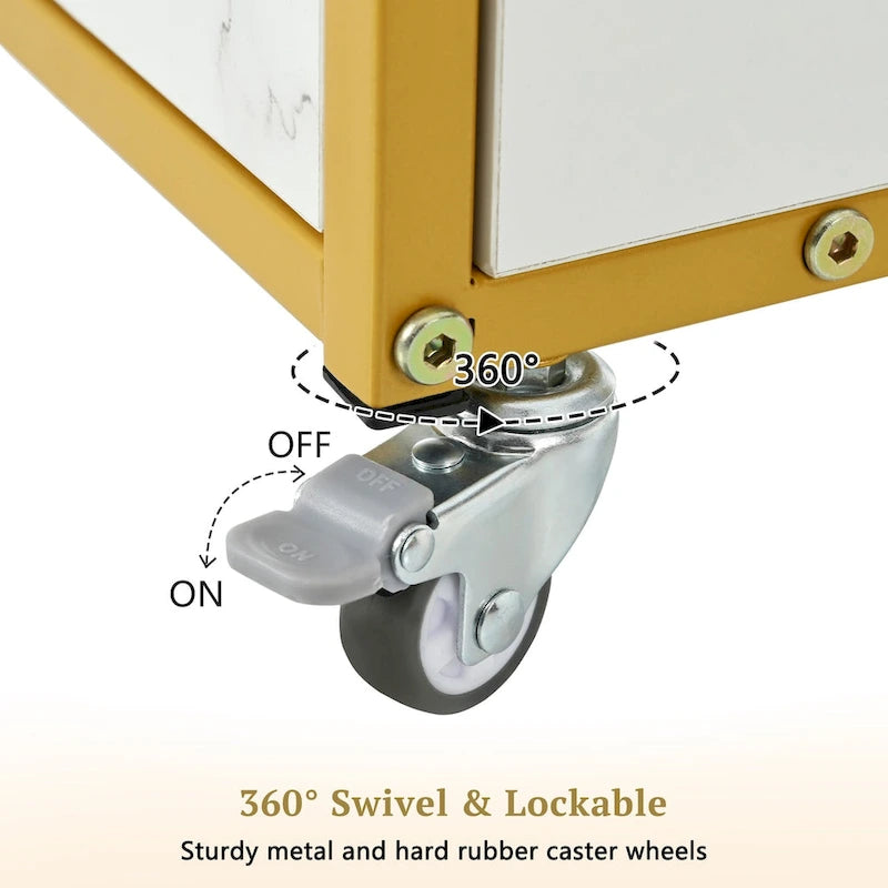 Beauty Salon Storage Trolley Cart,with Lockable Rolling Wheels,Metal Frame Marbled Board,Drawer Barber Salon Furniture