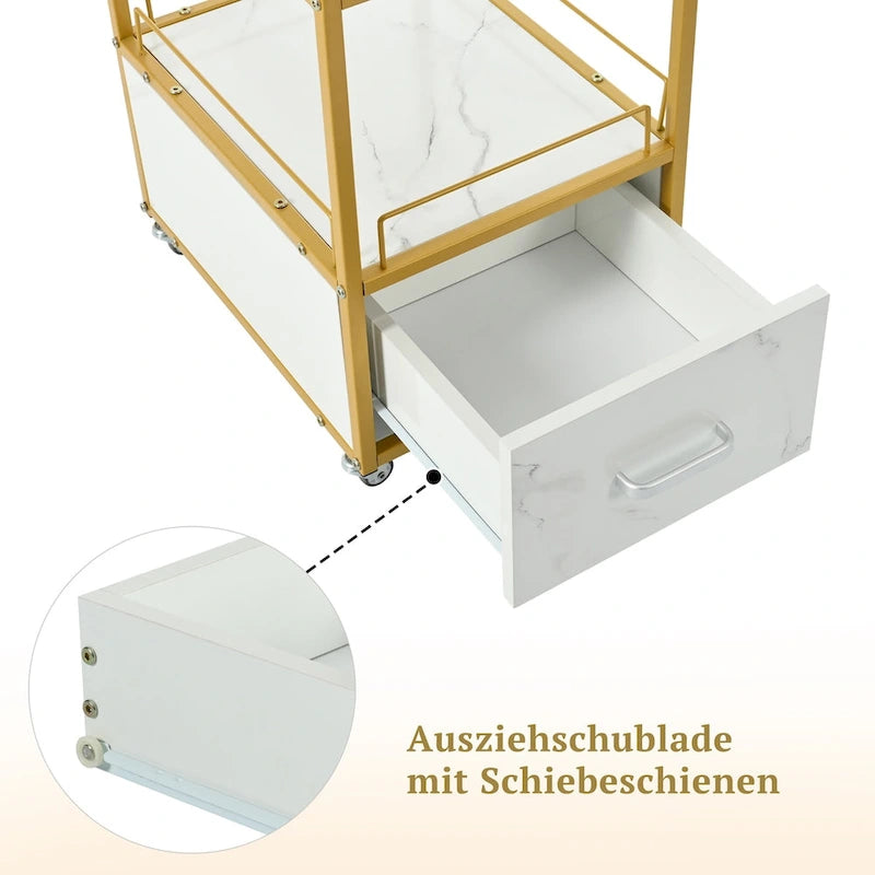 Beauty Salon Storage Trolley Cart,with Lockable Rolling Wheels,Metal Frame Marbled Board,Drawer Barber Salon Furniture