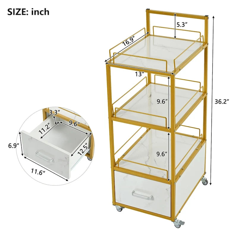 Beauty Salon Storage Trolley Cart,with Lockable Rolling Wheels,Metal Frame Marbled Board,Drawer Barber Salon Furniture