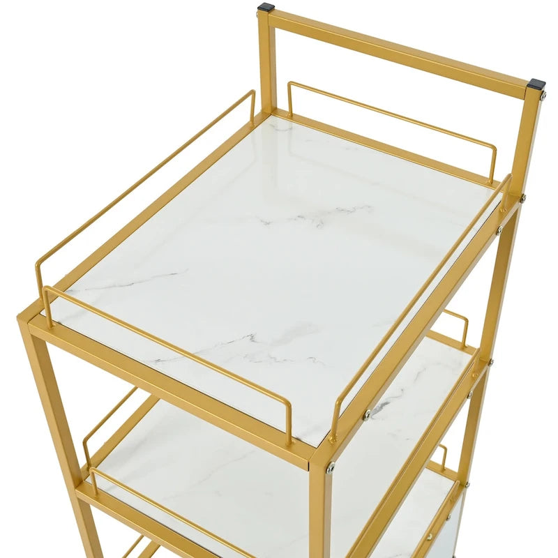 Beauty Salon Storage Trolley Cart,with Lockable Rolling Wheels,Metal Frame Marbled Board,Drawer Barber Salon Furniture