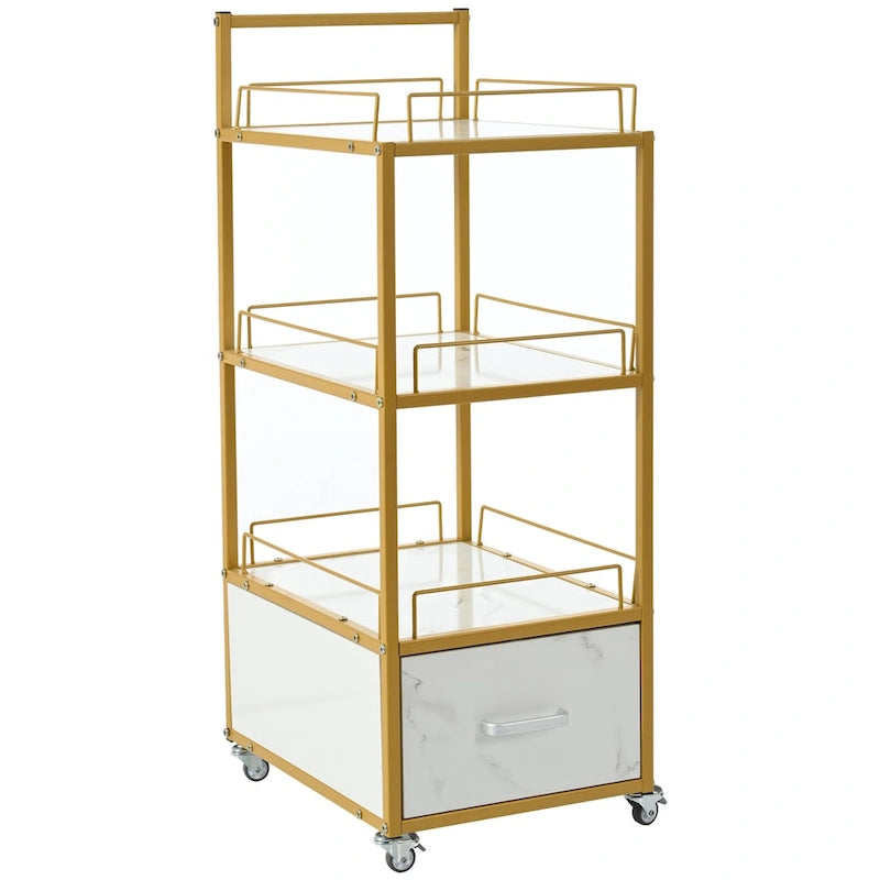 Beauty Salon Storage Trolley Cart,with Lockable Rolling Wheels,Metal Frame Marbled Board,Drawer Barber Salon Furniture