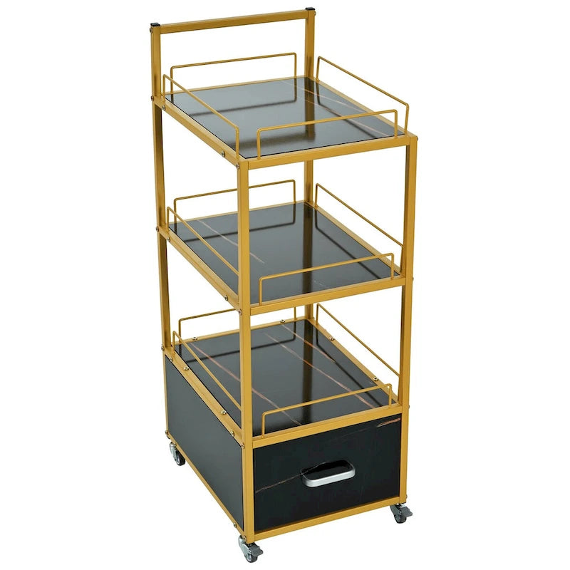 Beauty Salon Storage Trolley Cart,with Lockable Rolling Wheels,Metal Frame Marbled Board,Drawer Barber Salon Furniture